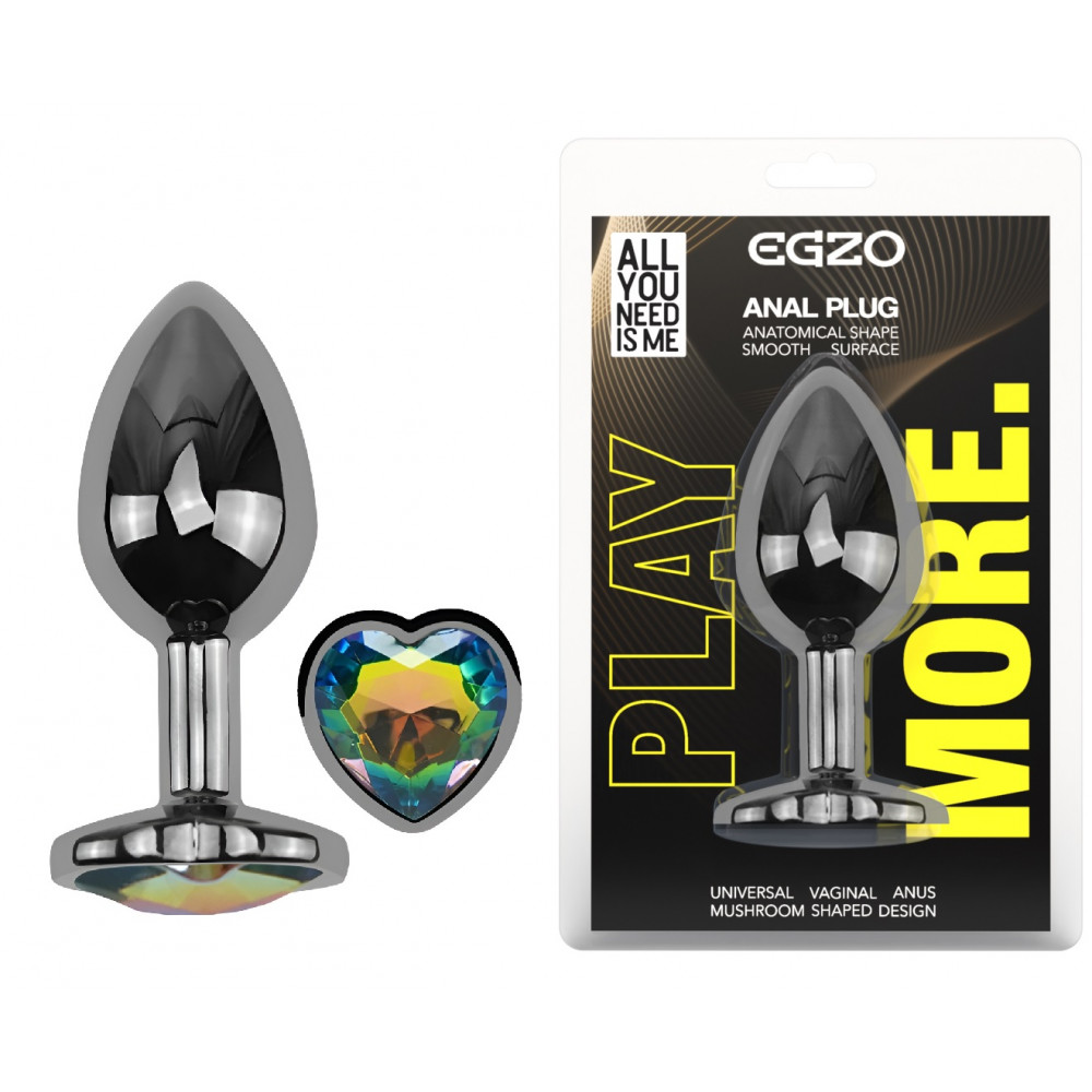  - Анальная пробка с кристаллом EGZO - Dark Silver Heart Plug Rainbow size M