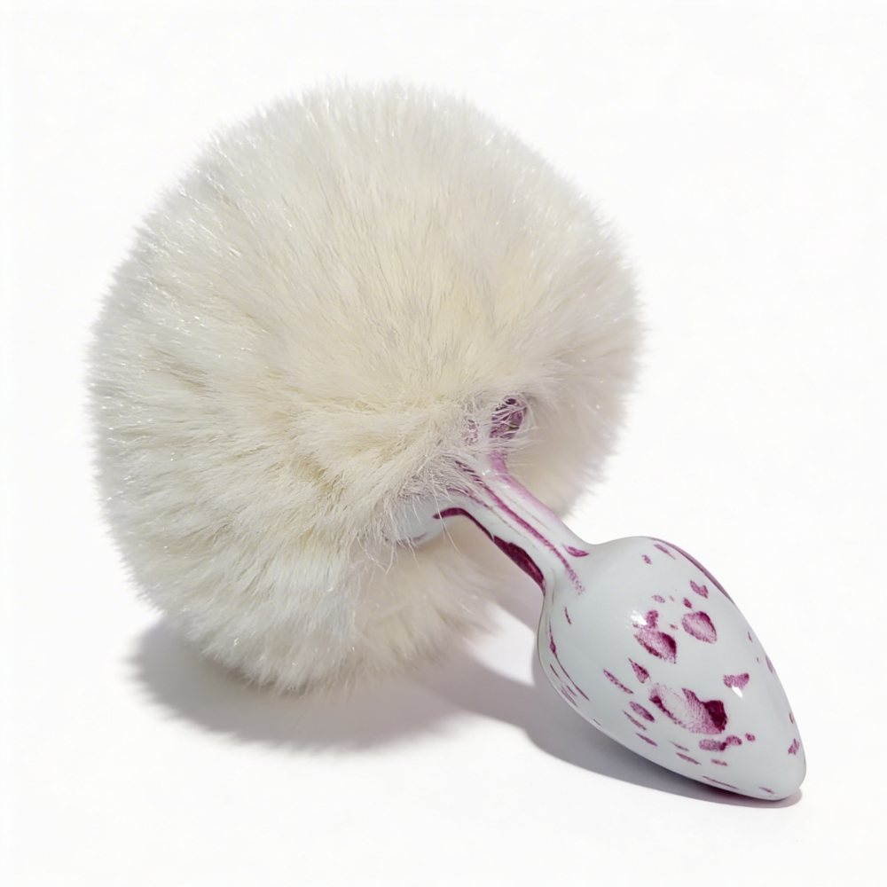 Анальные игрушки без вибрации - Анальная пробка с узором ALUME, S, металлическая белая с белым пушком, 7 х 2,8 см 2