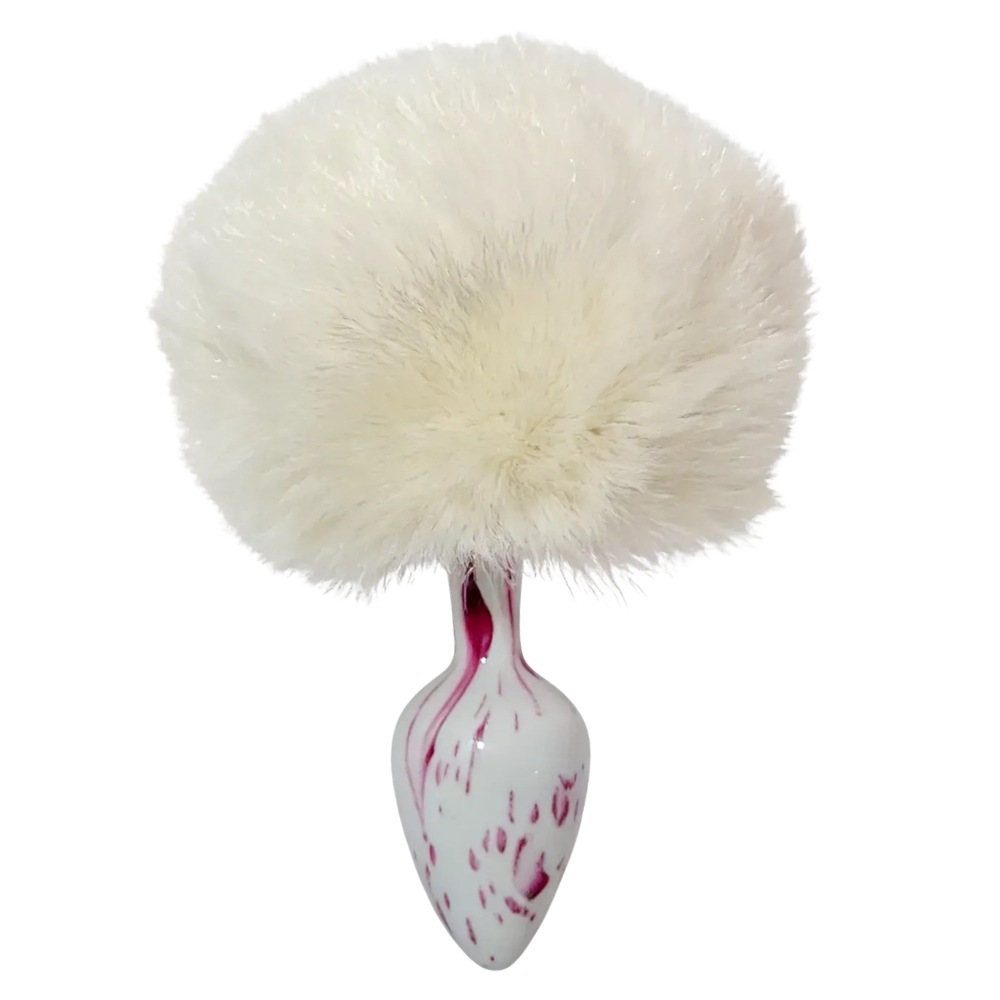 Анальные игрушки без вибрации - Анальная пробка с узором ALUME, S, металлическая белая с белым пушком, 7 х 2,8 см