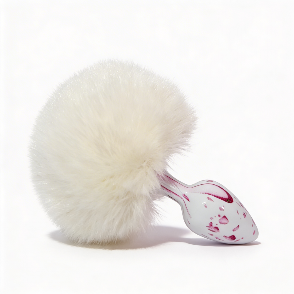 Анальные игрушки без вибрации - Анальная пробка с узором ALUME, S, металлическая белая с белым пушком, 7 х 2,8 см 7