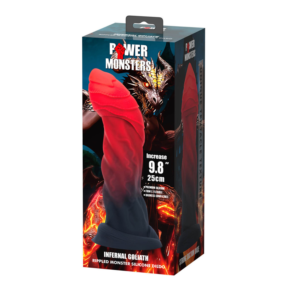 Фаллоимитаторы - Фаллоимитатор силиконовый Power Monsters Infernal Goliath на присоске, красно-черный, 25 см 6