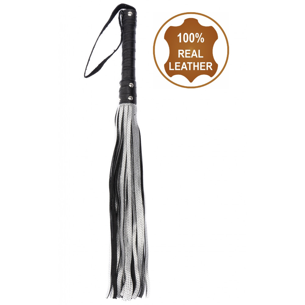 Электростимуляторы - Флоггер из натуральной кожи Flirty Hard Leather - Black & Silver, BG-00036