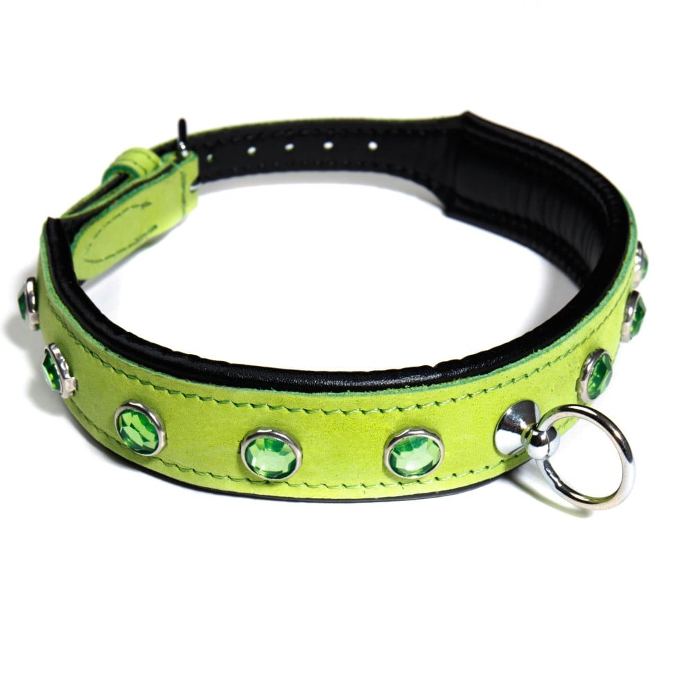 Разное - Ошейник со стразами тонкий DS Fetish кожаный, салатовый (Голландия)