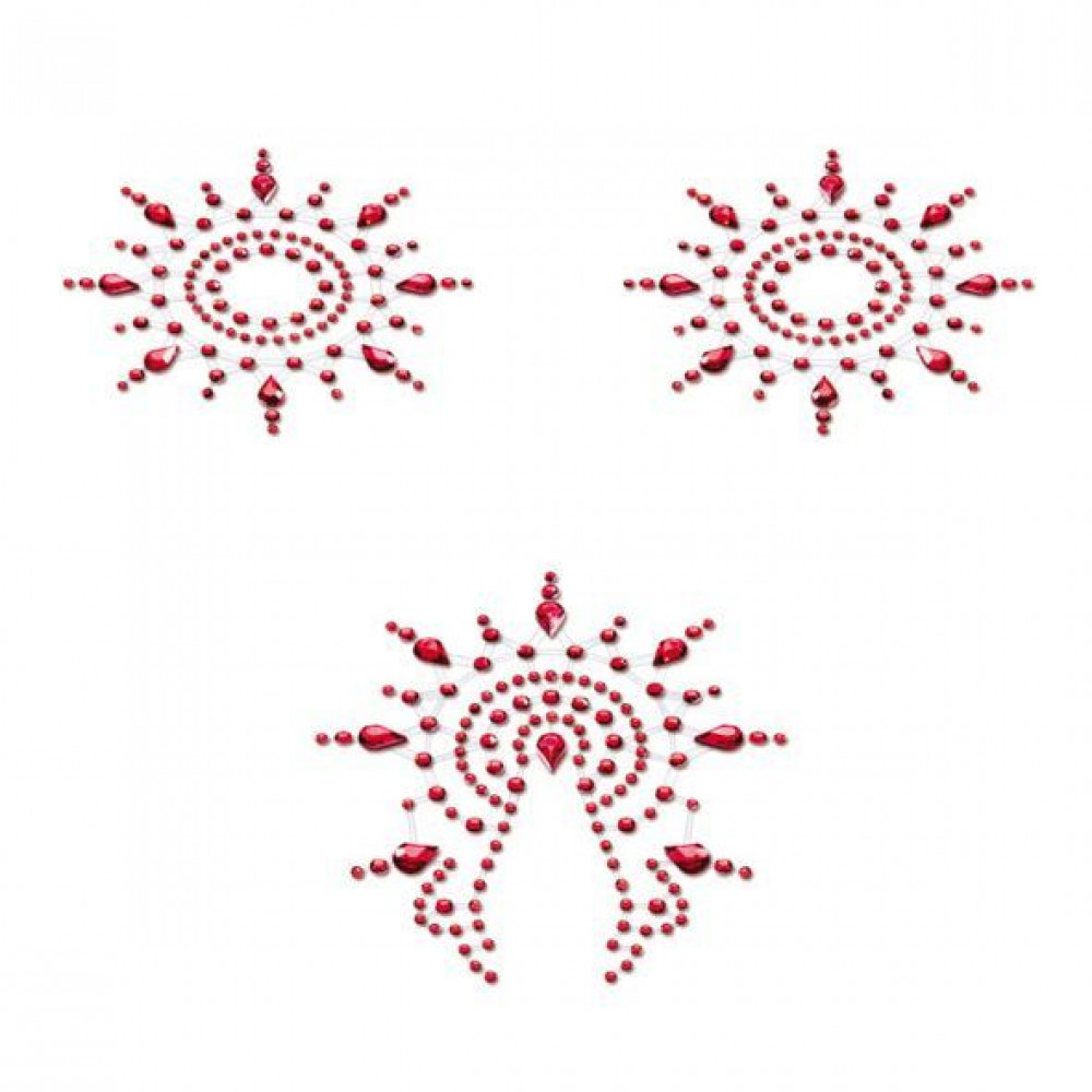 Интимные украшения - Пэстис из кристаллов Petits Joujoux Gloria set of 3 - Red, украшение на грудь и вульву