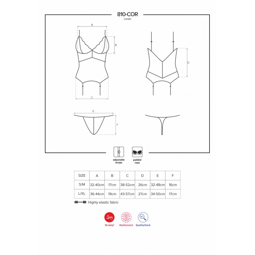 Эротические корсеты - Сатиновый кружевной корсет Obsessive 810-COR-1 babydoll & thong L/XL, черный, корсет, танга 2