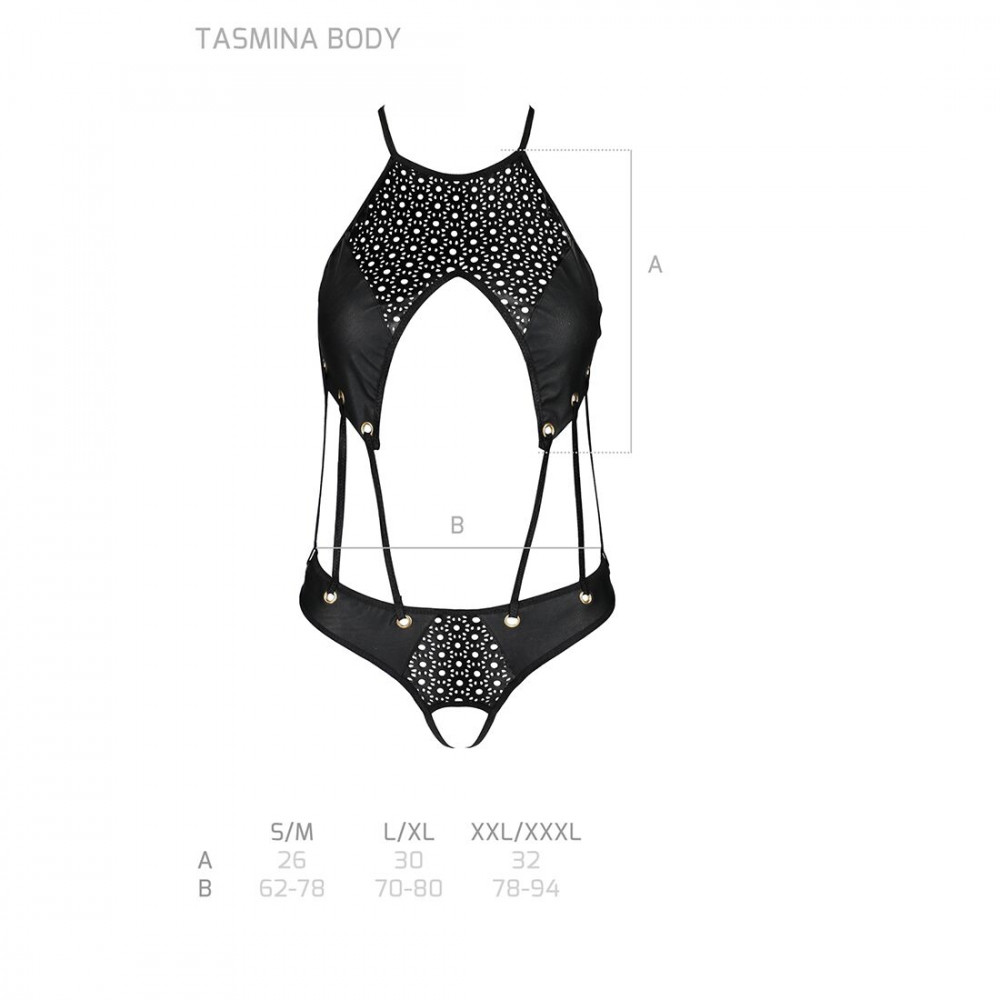 Эротическое боди - Боди с открытым доступом Passion TASMINA BODY XXL/XXXL, black, экокожа, шнуровки, ажурные кружева 1