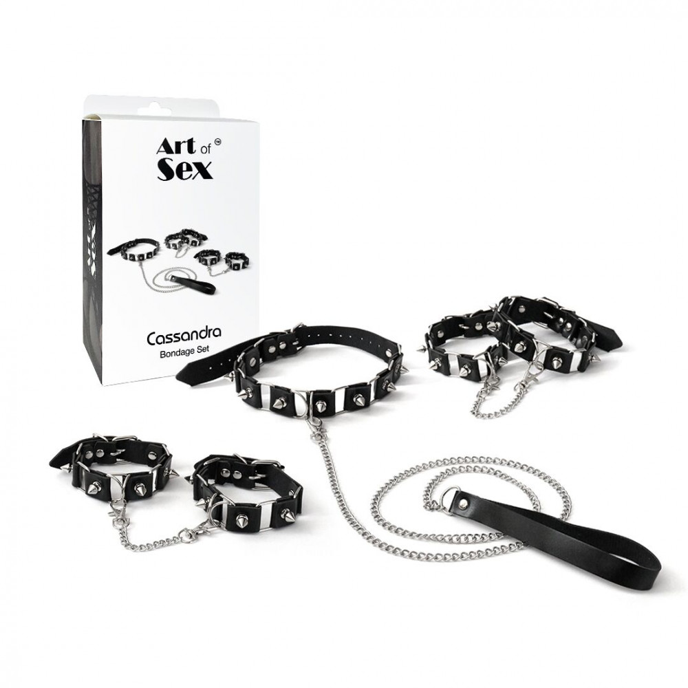 БДСМ игрушки - Бондажный набор: ошейник с поводком, наручники и поножи Art of Sex - Cassandra, цвет черный 5