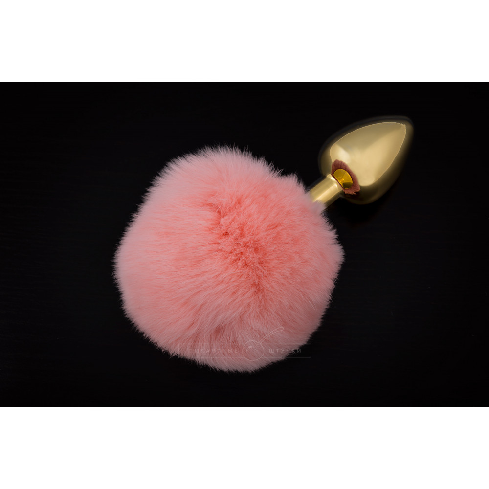 Анальный хвост - Золотистая пробка с пушистым хвостом, 7х3 см, розовый, малая