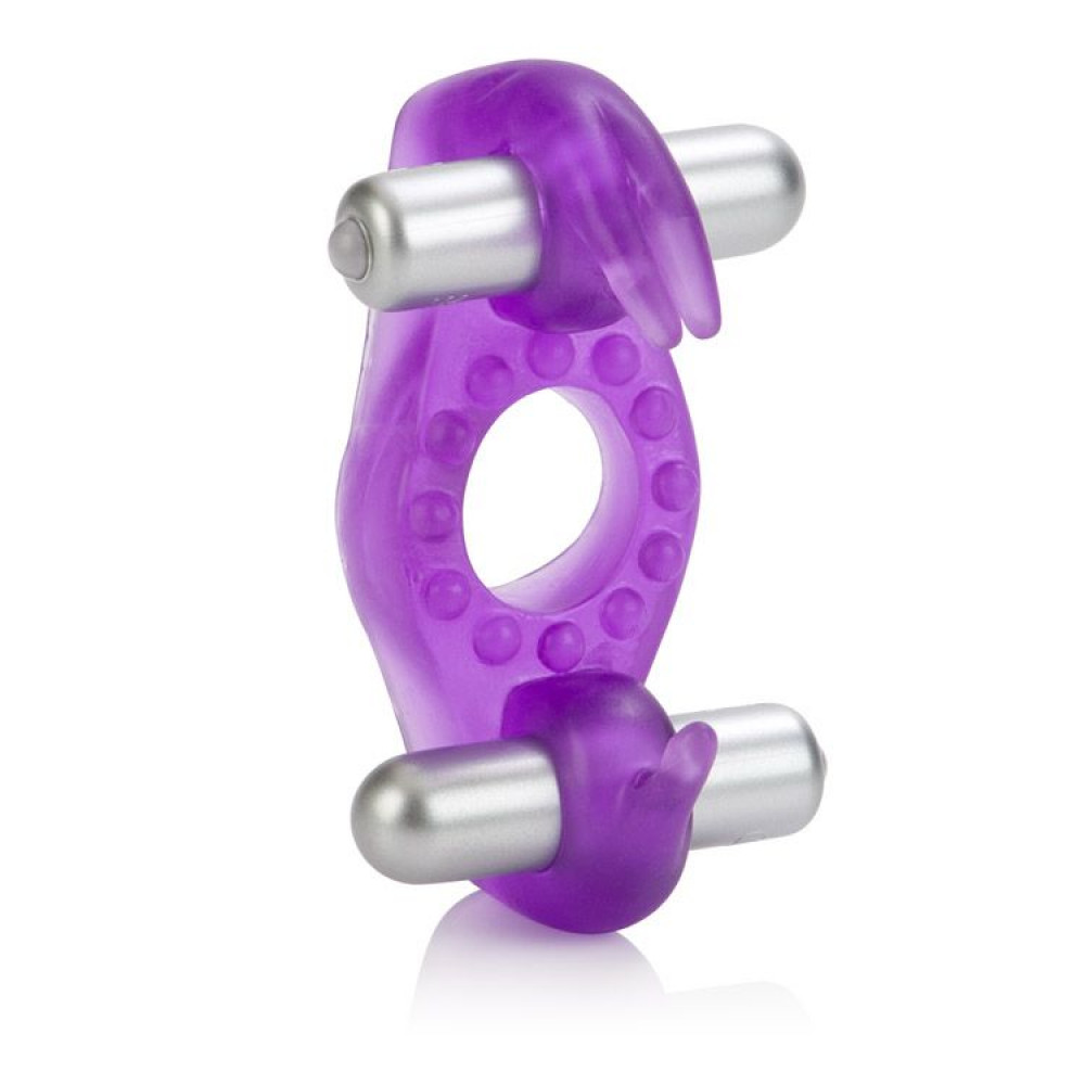 Эрекционные кольца с вибрацией - Эрекционное вибро-кольцо с двумя пулями и язычком, фиолетовый